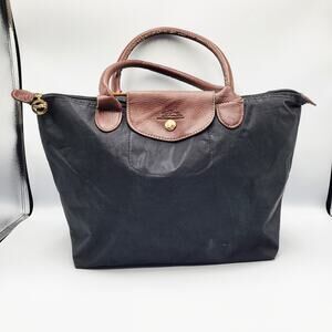 Longchamp Le Pliage Original Black Nylon Tote Bag Brown Leather Accents Travel